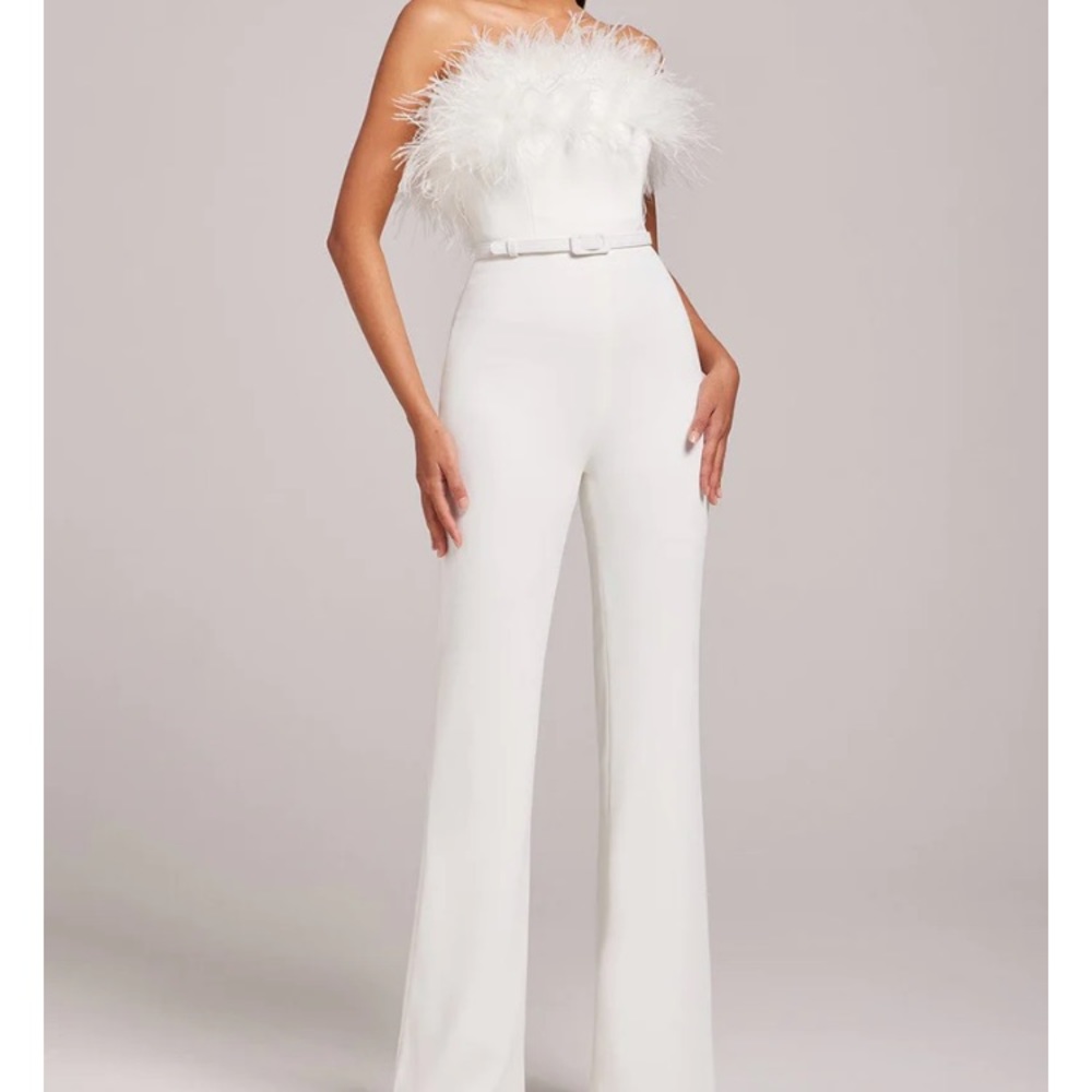 NADINE MERABI White Feather-Trim Strapless Jumpsuit